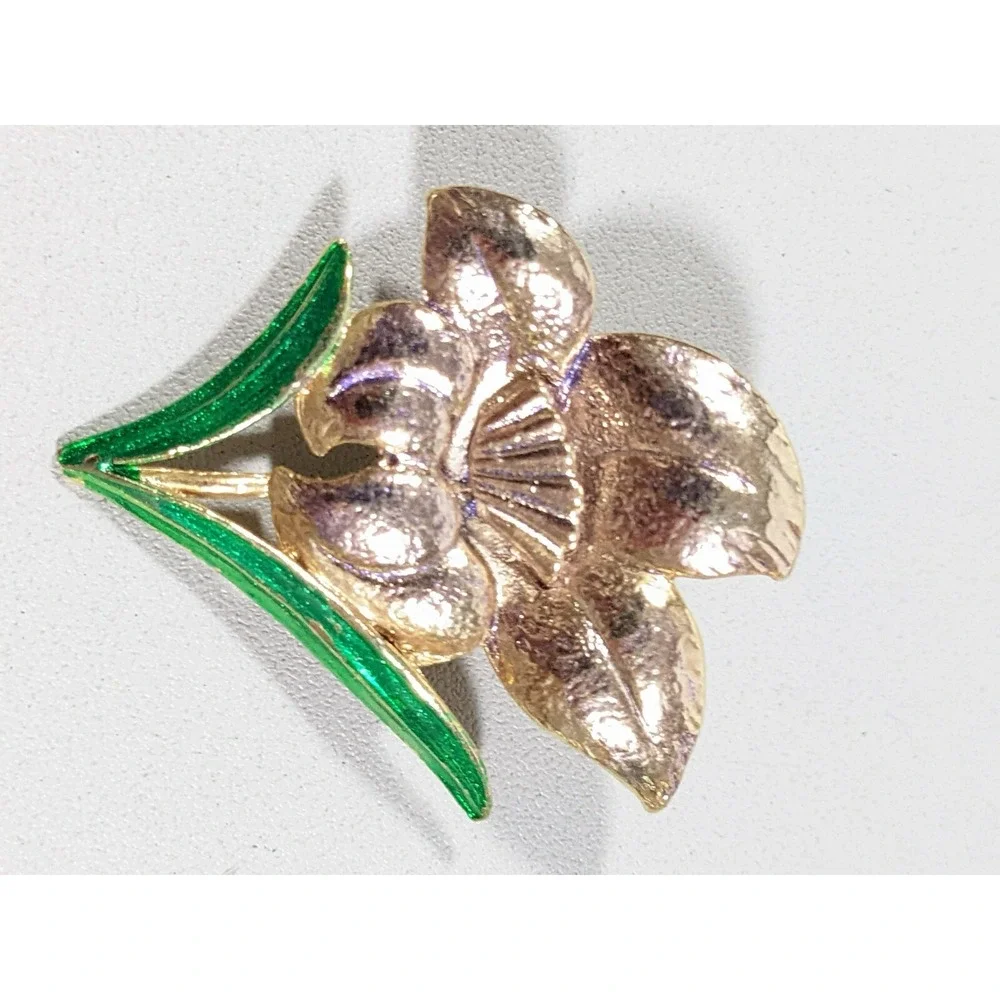 Gold‎ Tone Purple green Iris Flower Pin Brooch